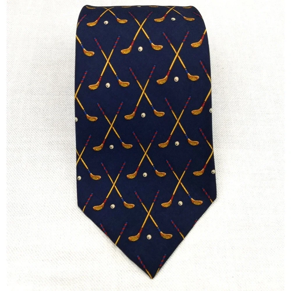 Polo Ralph Lauren 100% Silk Tie Handmade‎ Navy & Tan Golf Clubs Ball USA Vintage
